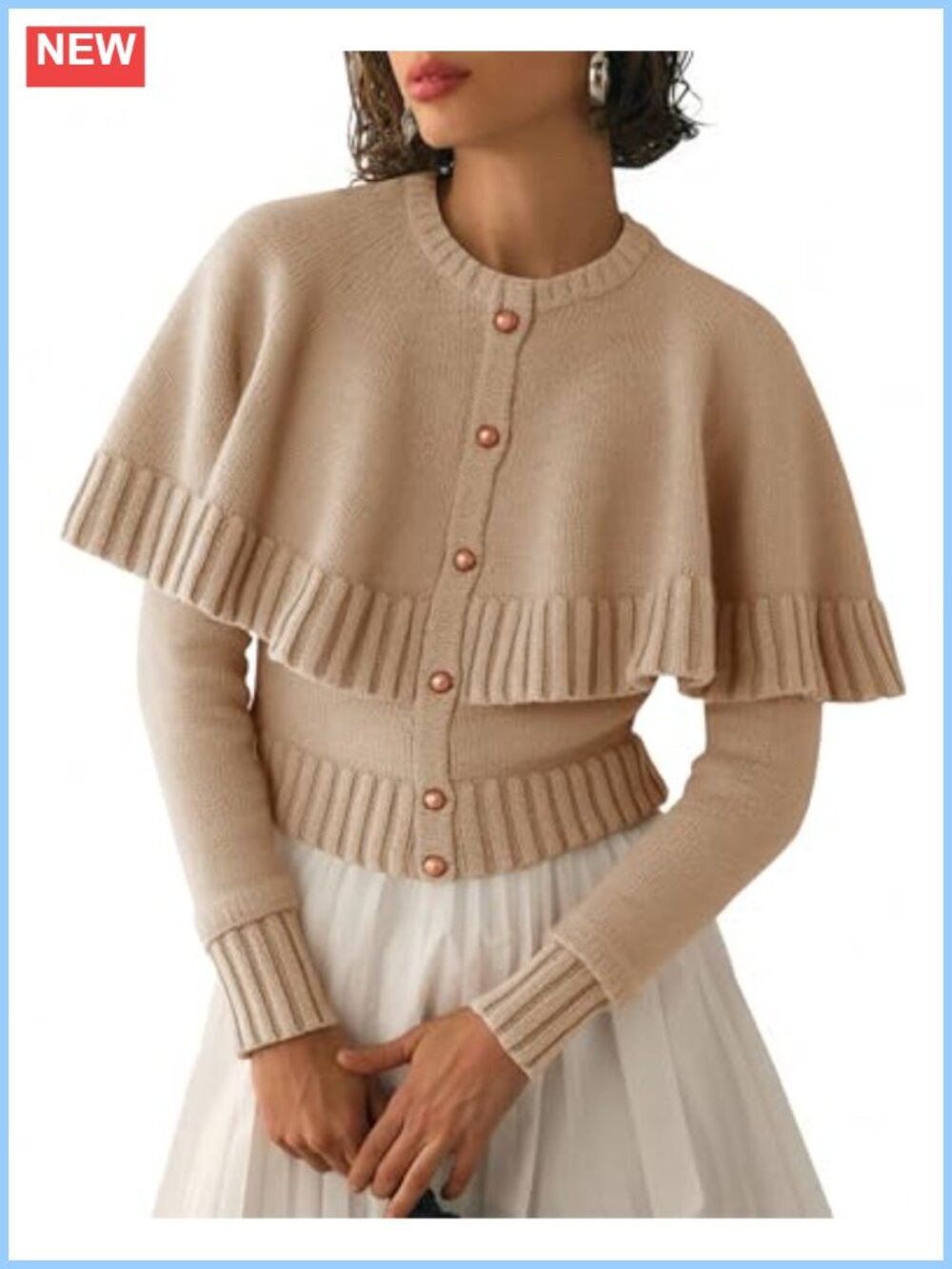Cropped Cape Cardigan Sweater Button Down Long Sleeve Knit